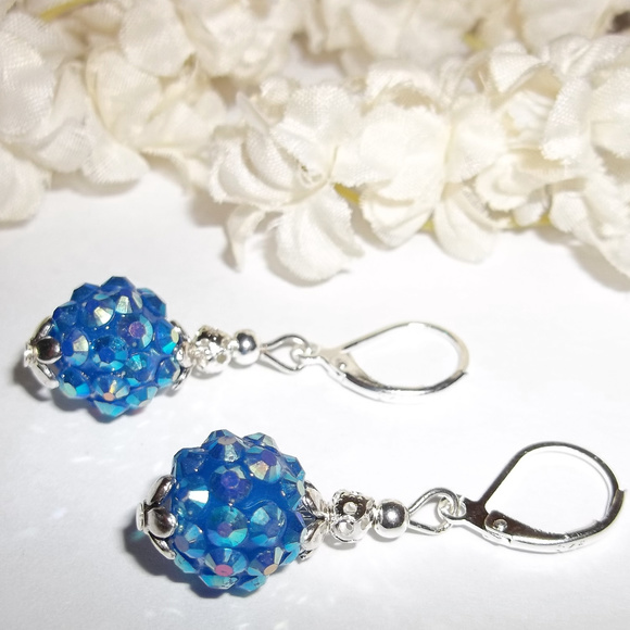 Sparkly Blue Pave Beaded Earrings Aurora Borealis Earring Set Pair Earring 4987 - Picture 4 of 8
